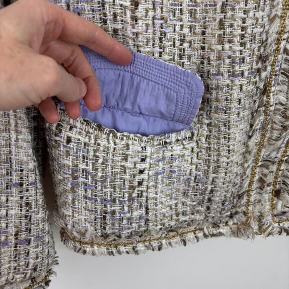Chico's Tweed Blazer Jacket Beige Gold Metallic Lady Jacket 2/Large pockets - Picture 6 of 12